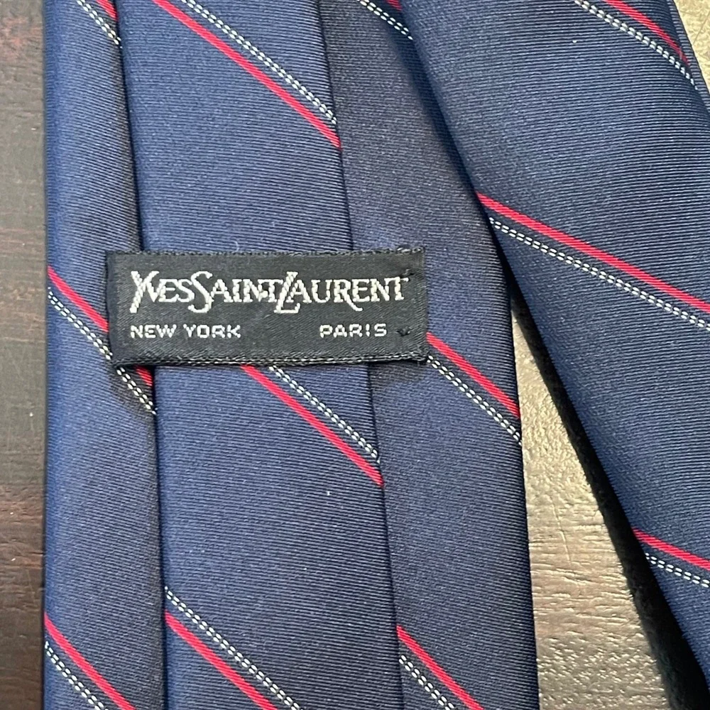 Yves Saint Laurent Navy Blue Red Striped Silk Tie YSL Monogram Logo
